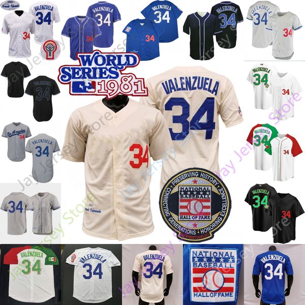 Baseball Fernando Valenzuela Jersey 1981 WS Patch Blue White Grey Cream Player Blue Black Fashion Mexico Black Mexico White Salute to Servic