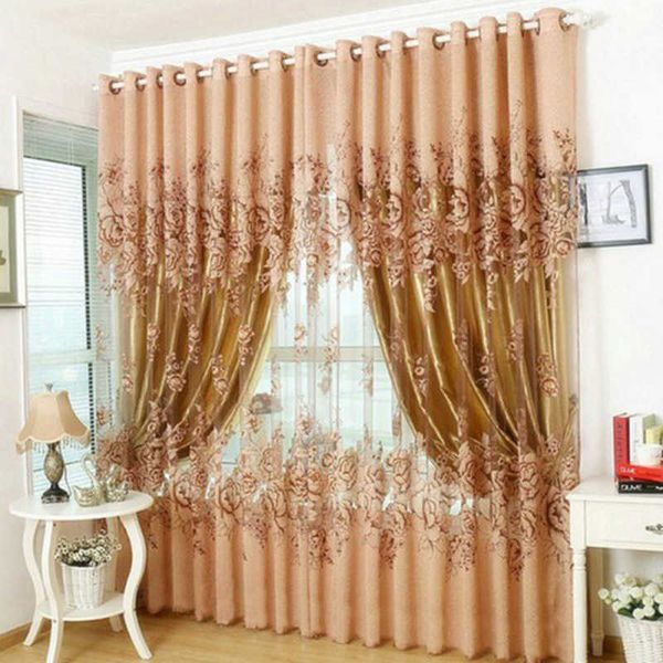 1 pcs Window Curtain ious Upscale Jacquard Yarn Curtains Peony Pattern Voile Door Window Curtains Living Room Bedroom Decor 210712
