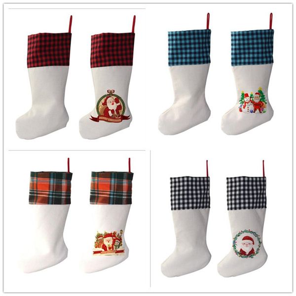 Sublimation Plaid Christmas Stocking Linen White Candy Socks Santa Claus Gift Bag Xmas Tree Oranment Festival Supplies for Kid