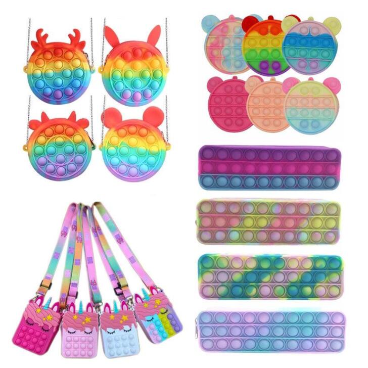 DHL Coin Purse Favor Push Bubble Pencil Case Fidget Toys Rainbow Silicone Girls Bags Antistress Stress Reliever Toys for Children Adult HS07