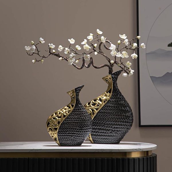 Vases Black Gold-plated Hollow Vase Flower Arrangement Handicraft Ornaments Abstract Ceramic Living Room Office Decoration