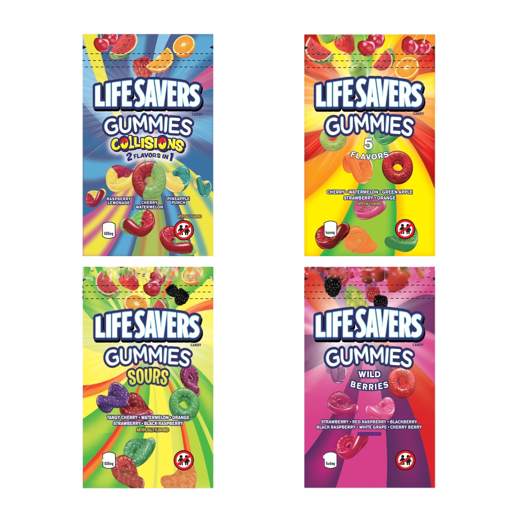 Empty 4 designs sours candy gummy mylar edibles packaging bag lifesavers gummies zipper smell proof package bags