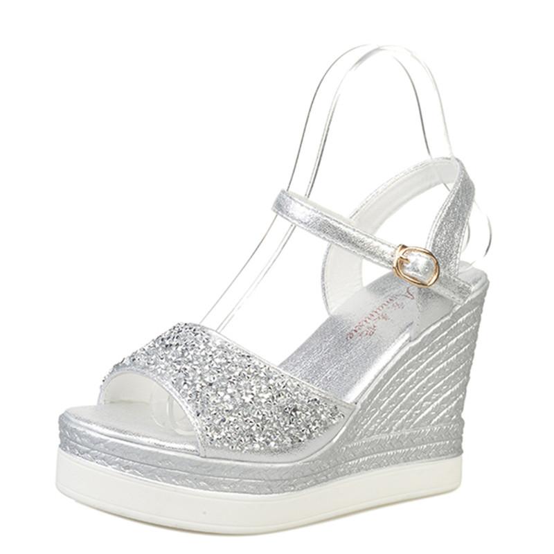 Sandals 2021 Fashion High Heels Women Shinning Glitter Silver Gold Platform Wedges Summer Ladies Open Toe Casual Shoes Pumps