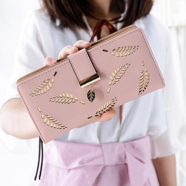 Wallets Women&#039;s Wallet Portfel Female Long Gold Hollow Leaves Pouch Handbag For Women Coin Purse Card Holders Portefeuille Femme