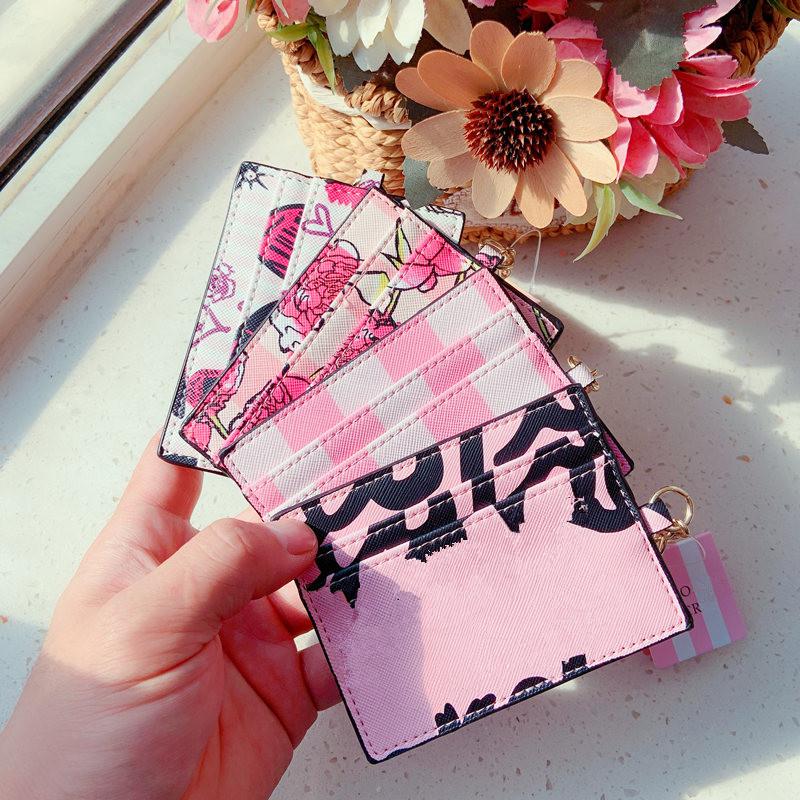 Card Holders Pink Stripe Holder Leather Women Case ID Cover Organizer Bank