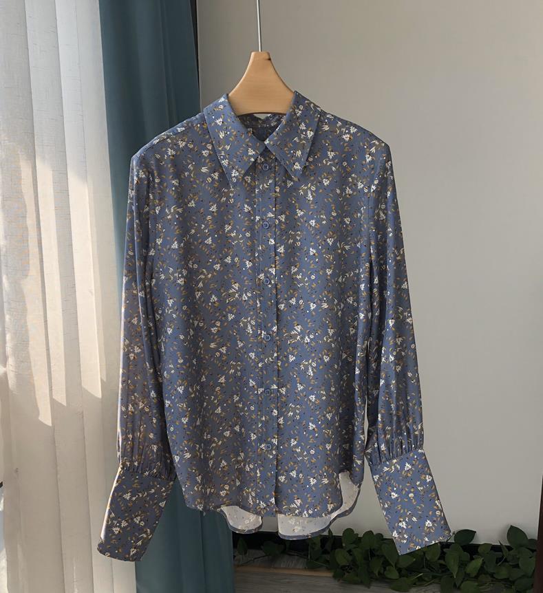 Women&#039;s Blouses & Shirts Flower And Bird Print Blouse 100% Silk Turn-down Collar Long Sleeve Casual Female 2021 Autumn