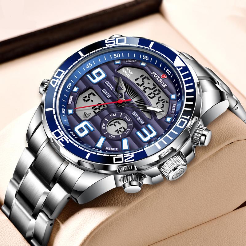 Wristwatches Mens Watches 2021 FOXBOX Dual Display Stainless Steel Sport Wrist Watch For Men Waterproof Date Clock Relogio Masculino+Box