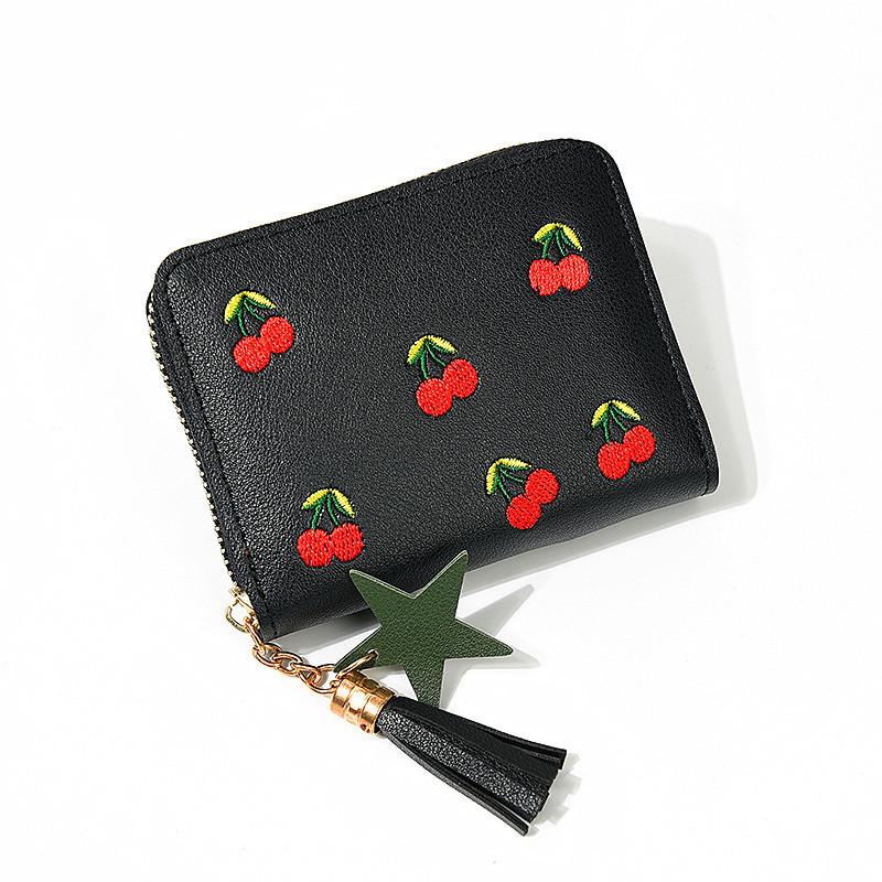 Wallets Fashion Women Wallet Small Short Tassel PU Leather Cherry Embroidered Girls Coin Purse Card Holders Lady Mini Money Bag
