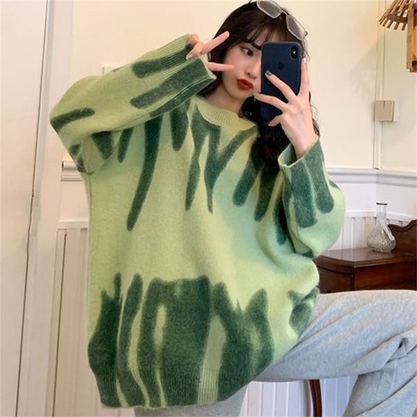 Oversized Sweater Green Pullover Women Knitted Loose Tops Winter O-Neck Harajuku Sueter Mujer pull Tie Dye Outerwear 210914