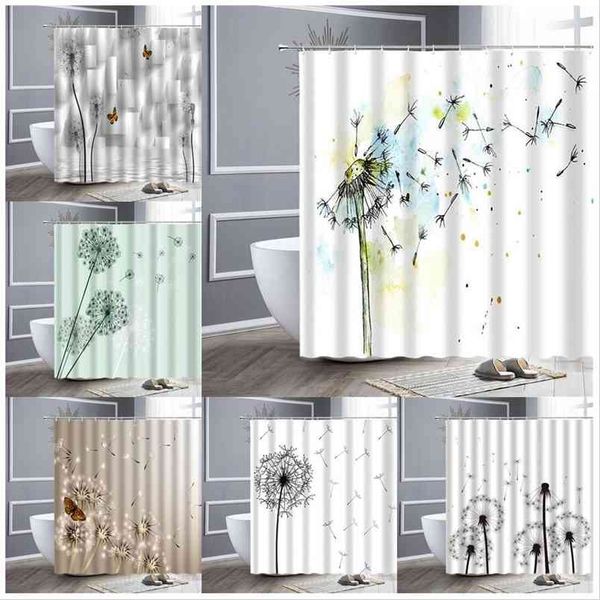 Flower Shower Curtain Dandelion Butterfly Spring Scenery Printing Waterproof Bath Curtains Fabric Polyester Hooks Bathroom Decor 210915