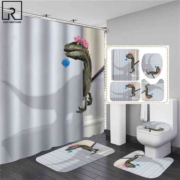 3D Dinosaur Shower Curtains Waterproof Bathroom Curtain with Hooks Anti-slip Bath Mat Set Soft Rugs WC Toilet Carpet Home Decor 210915