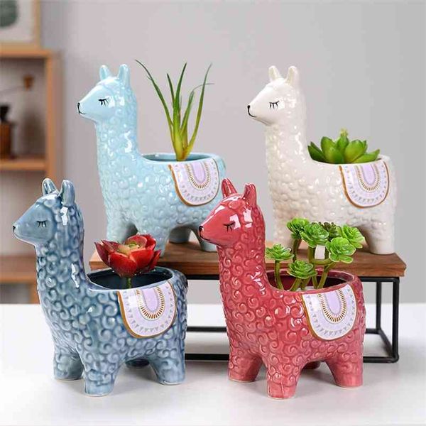 Ceramic Sheep Shape Animal Flower Pots Mini Pig Plant Pot Basin Micro Vase Bonsai Succulent Planter Decor Crafts Potted Pottery 210922
