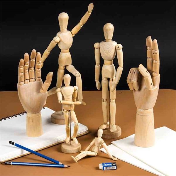 Moveable Joints Wooden Man Figure Toys Dolls with Standing Flexible Wood Art Draw Naked Model Toy Kid Home Decoration 210924