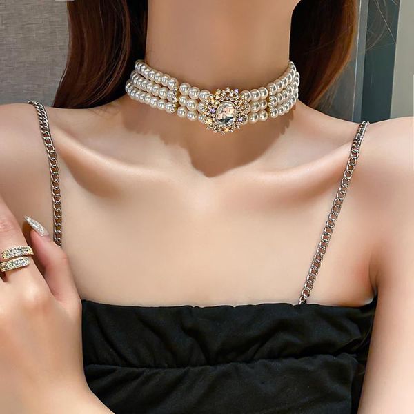 Chokers Trendy Short Neckwear Multi-row Goth Pearl Necklace For Women Crystal Inlaid Rhinestones Chocker Fashion Jewelry Girl Gifts