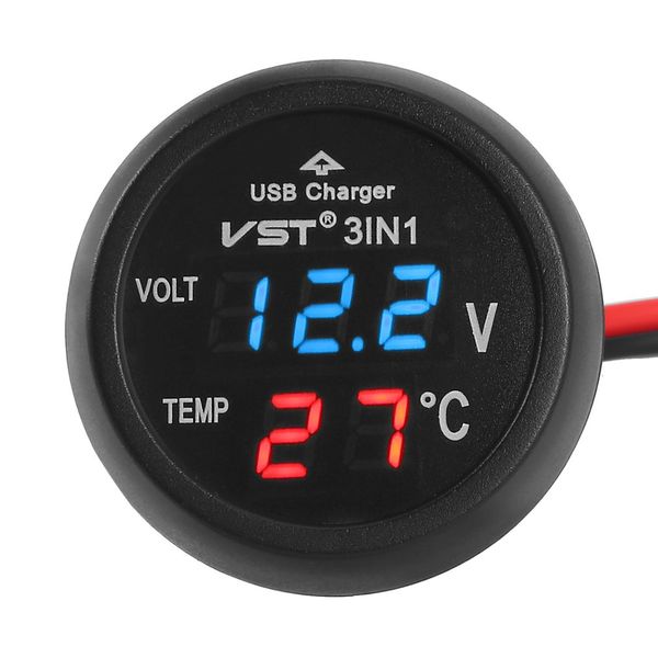 12V-24V Digital Meter Monitor Car Battery Instrument Gauges 3 in 1 LED USB Mobile Phone Charger 5V 2.1A Voltmeter Thermometer LCD Dual Displ