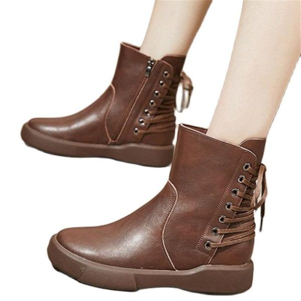 Boots Platform Shoes Ankle Women Genuine Cow Leather Round Toe Oxfords Low Flat Heel Fashion Sneaker34 35 36 37 38 39 40
