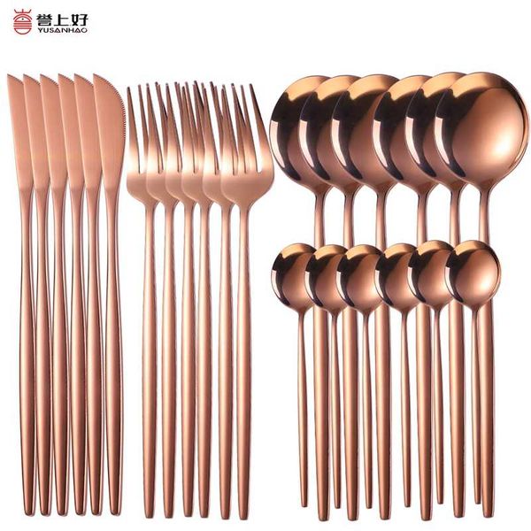 24Pcs Gold Tableware Set Kitchen Flatware Steak Knife Fork Coffee Spoon Dinnerware Set Upscale Stainless Steel Home Cutlery Set 211012