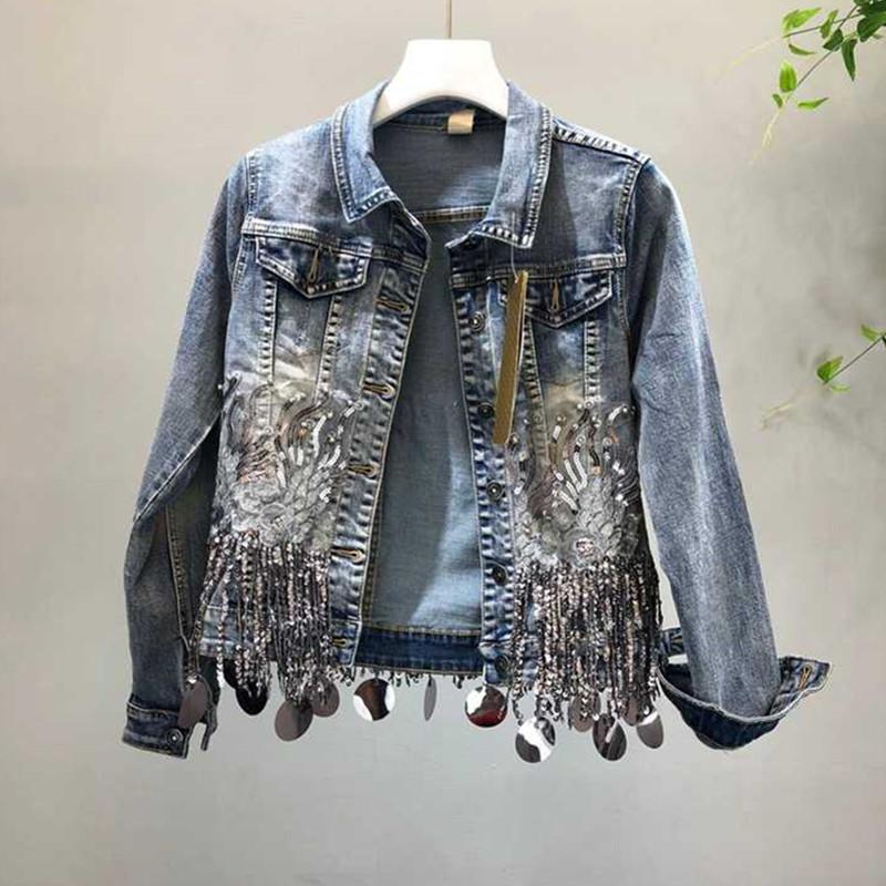 Women&#039;s Jackets Sequins Tassels Floral Embroidered Denim Jacket Women 2021 Beading Shiny Jeans Slim Basic Coat Female Outerwear