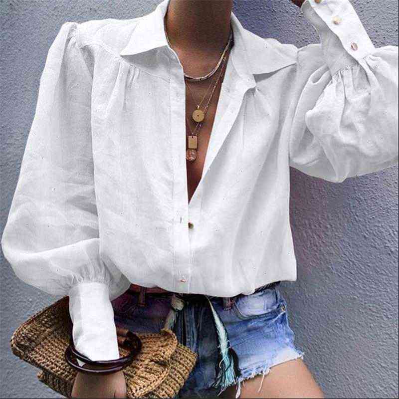 Women Blouses Fashion White Casual Lantern Long Sleeve Blouse Lapel Shirt turn down Collar Regular blusas autumn tops