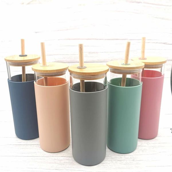 16oz Glass Mug Juice Cup Milk Mugs With Silicone Sleeve Bamboo Lid and Straw Enviroment-friendly Tumbler Wine Bottle by sea RRB11614