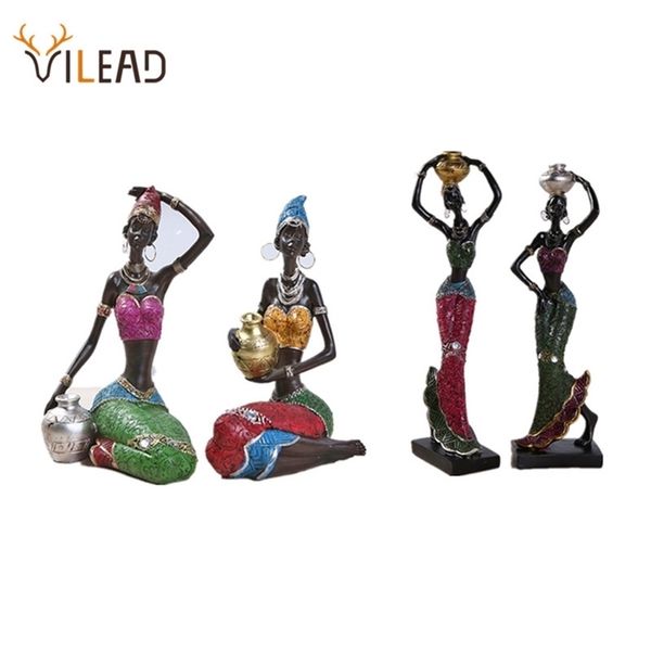 VILEAD 19cm 22cm Resin Ethnic Style African Beauty Figurines Creative Vintage Interior Decoration Crafts Ornaments For Home Gift 211105