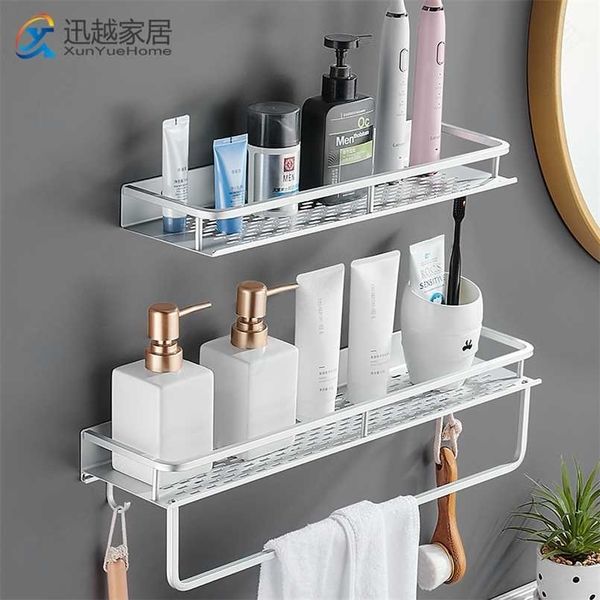 Shampoo Holder Wall Shelves Matte Silver Aluminum Shower Shelf Wth Hook Bar Organizer Kitchen Spice Rack Bathroom Accessories 211112