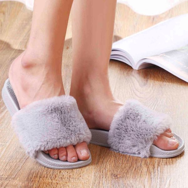 Fashionable Women&#039;s Fur Jumpsuit Light and Soft Pink Bedroom Ladies Platform Flat Shoes Home Women Slippers New 2021