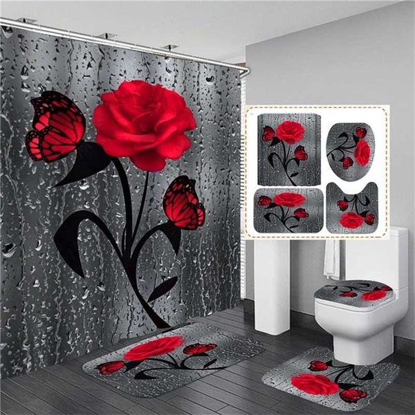 3D Rose Print shower curtain waterproof curtain for bathroom home decor bathroom shower curtain set bath mats rugs anti-skid 211116