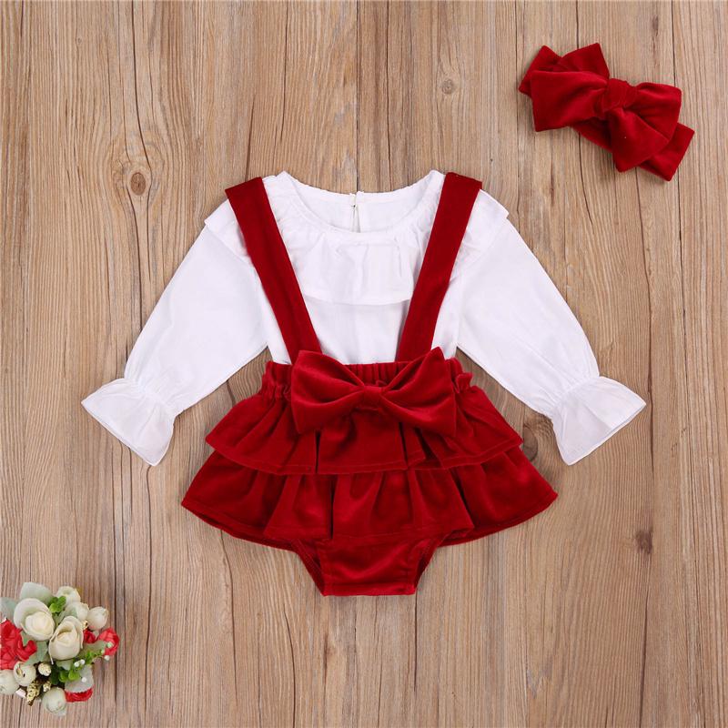 Clothing Sets Born Baby Girls Sweet Dress Set, Toddler Infant Solid Color Long Sleeve Lace Neck Top Bow Suspenders Short Pants + Hairband