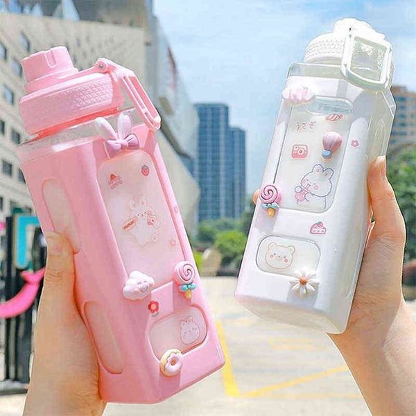 Kawaii Bear Pastel Water Bottle With 3D Sticker 700ml-900ml Plastic Travel Tea Juice Milk Portable Cute Shaker Drink Bottle Gift Y1120