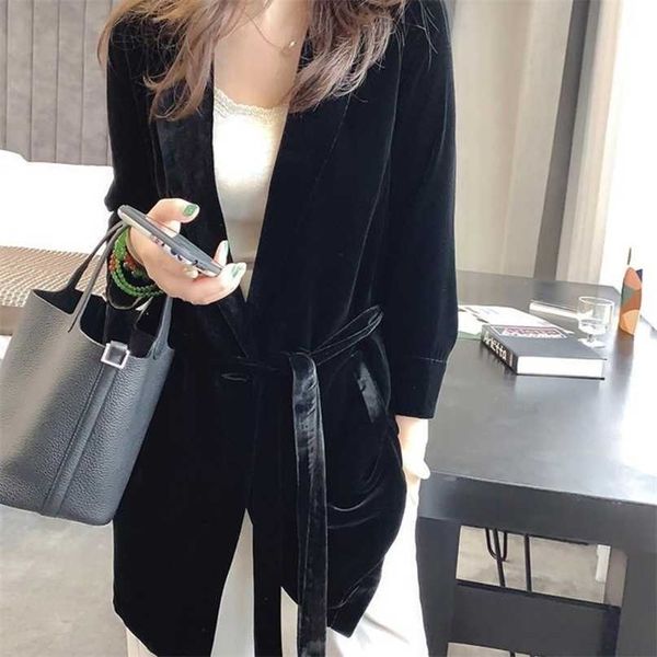 Peonfly Autumn Women&#039;s Velvet Blazers Jacket with Sashes Female Notched Outerwear Office Ladies Coat Loose Black Blazer 211122