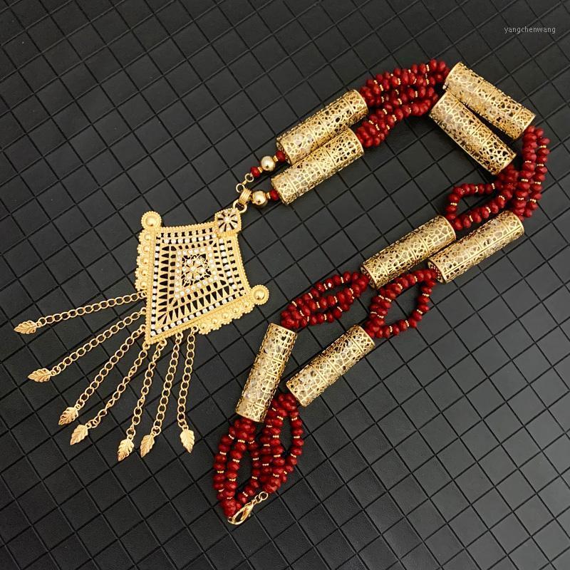 Chains Gold Crystal Beaded Necklace With Leaf Pendant For A Woman&#039;s Moroccan Wedding Jewelry Arabic Handmade Natural Stone Choker