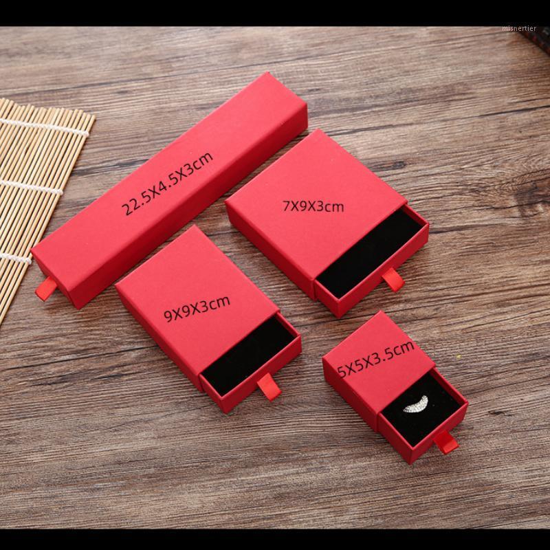Gift Wrap Red Drawer Type Square Rectangle Cardboard Jewelry Set Box For Ring Necklace Boxes Jewellery Packaging With Sponge Inside