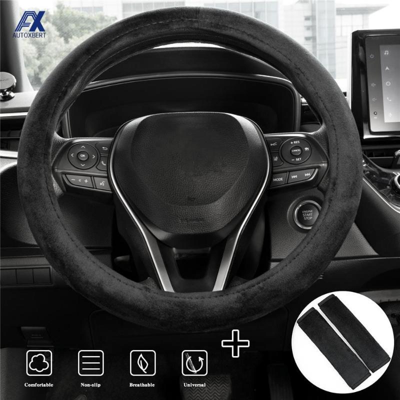 Steering Wheel Covers 3pcs-set Car Cover Seat Belt Pad Fuzzy Plush Fluffy Warm Winter Universal 38cm 15inch Interior Accessories
