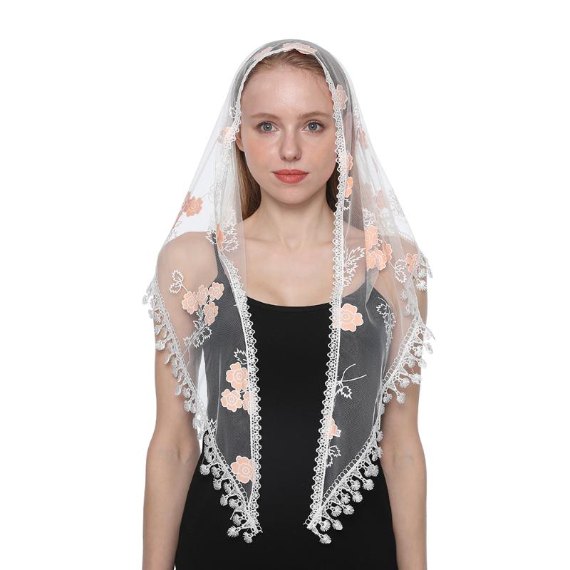 Scarves Women Triangle Scarf For Prayer Shawl Embroidered Lace Veil Floral Tassel Veils Christian Mantillas The