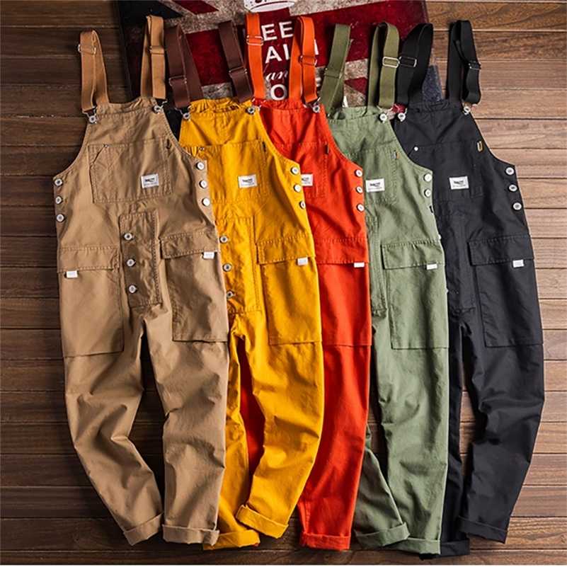 Men&#039;s Loose Cargo Bib Overalls Pants Multi-Pocket Overall Men Casual Coveralls Suspenders Jumpsuits Rompers Wear Coverall 211202
