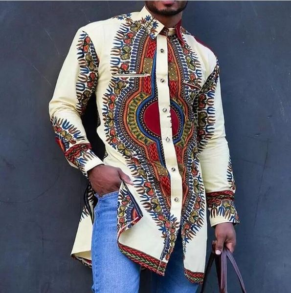 African Men Shirts Tops Long Sleeve Retro Autumn 2021 Muslim Geometric Printed Business Blouses Tops Single-Breasted Shirts