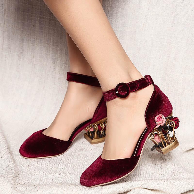 Wine Red Velvet Wedding Shoes Women Pink Mary Janes Pumps Ladies 7cm Flowers Metal Cage Chunky High Heels Black Sapato Feminino Dress