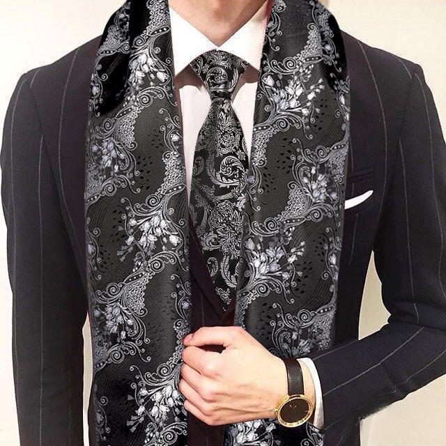 Scarves Men Tie Black Long Jacquard Paisley 100% Silk Scarf Set Autumn Winter Casual Retro Business Suit Shawl Barry.Wang1