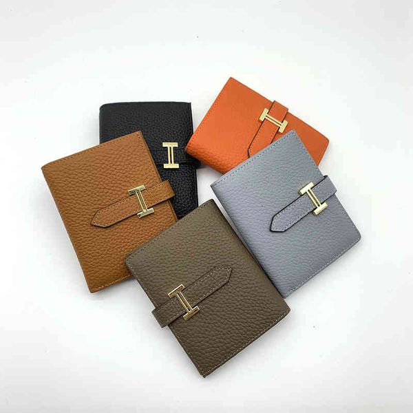 Leather Three Fold Wallet Straight Top Layer Litchi Grain Togo Calf Folding Change Card Bag for Men and Women