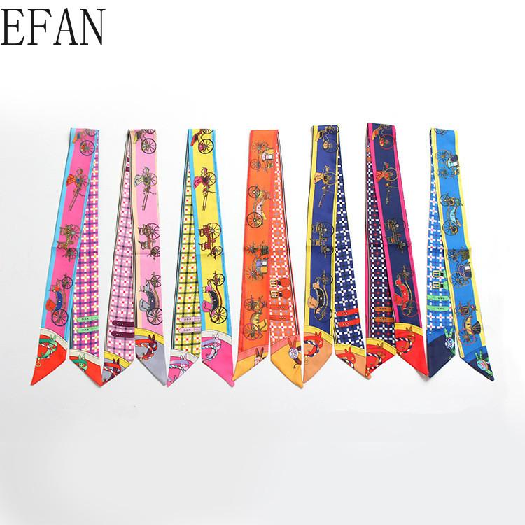 Scarves Women Silk Scarf Carriage Pattern Print Female Luxury Skinny Hair Neck Lady&#039;s Bag Tie Ribbons Headband Accessories