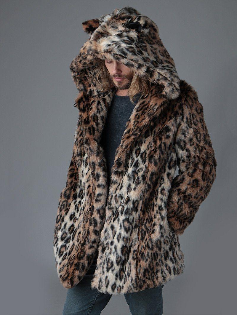 Men&#039;s plus size Outerwear & Coats Fur Faux Men Coat Winter Thick Tiger Ears Long Sleeve Warm Hooded Outerwear Luxury Jacket Fashion Leopard Bon