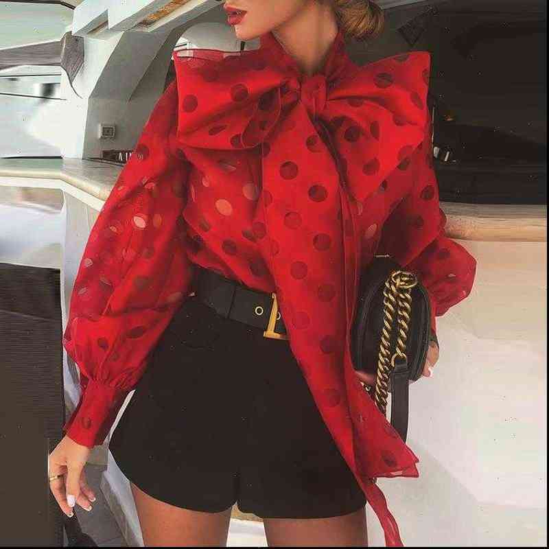 RICORIT Women Womens Shirt Knotted Blouse Polka Dot Lantern Sleeve Elegant Office Lady Street Wear Chic Fashion Trends Top