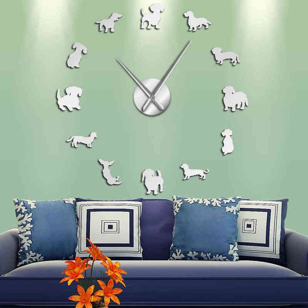 Dachshund Dog Breeds Large DIY Wall Clock Watch Puppy Animals Mirror Stickers Pet Store Decor Hanging Watch Gift For Dog Lover H1230