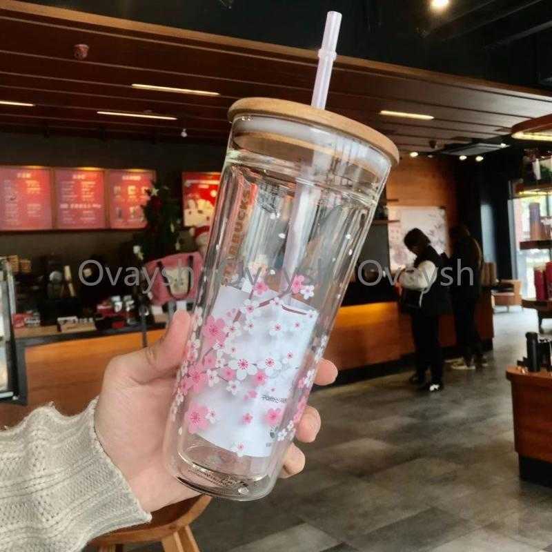 Japanese style Starbucks sakura Wooden Tumblers cover glass Straw cup 591ML Cherry blossom Double layer coffeeY80YY80Y