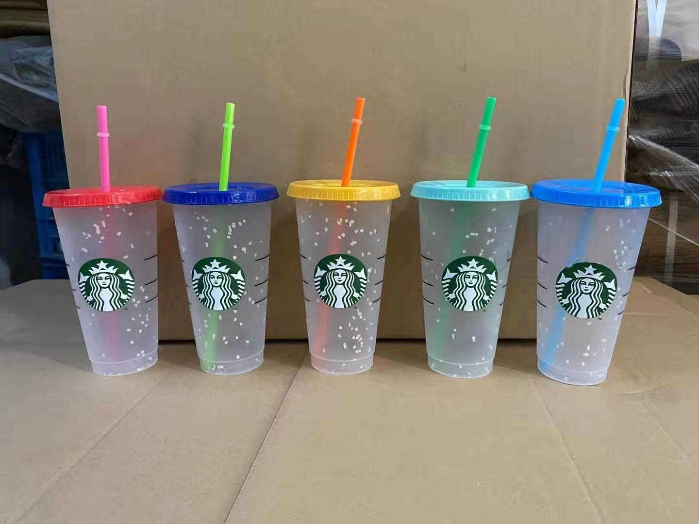 New 24OZ Tumblers Plastic Drinking Juice Cup With Lip And Straw Magic Coffee Mug Costom Starbucks snow plastic cupHDPQ