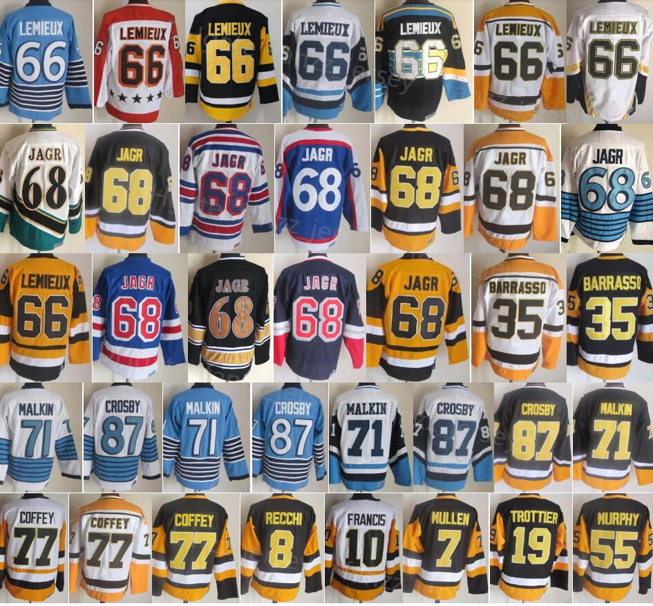 CCM Vintage Retro Hockey 66 Mario Lemieux Jersey Jaromir Jagr Tom Barrasso Paul Coffey Bryan Trottier Joe Mullen Mark Recchi Larry Murphy Evgeni Mal