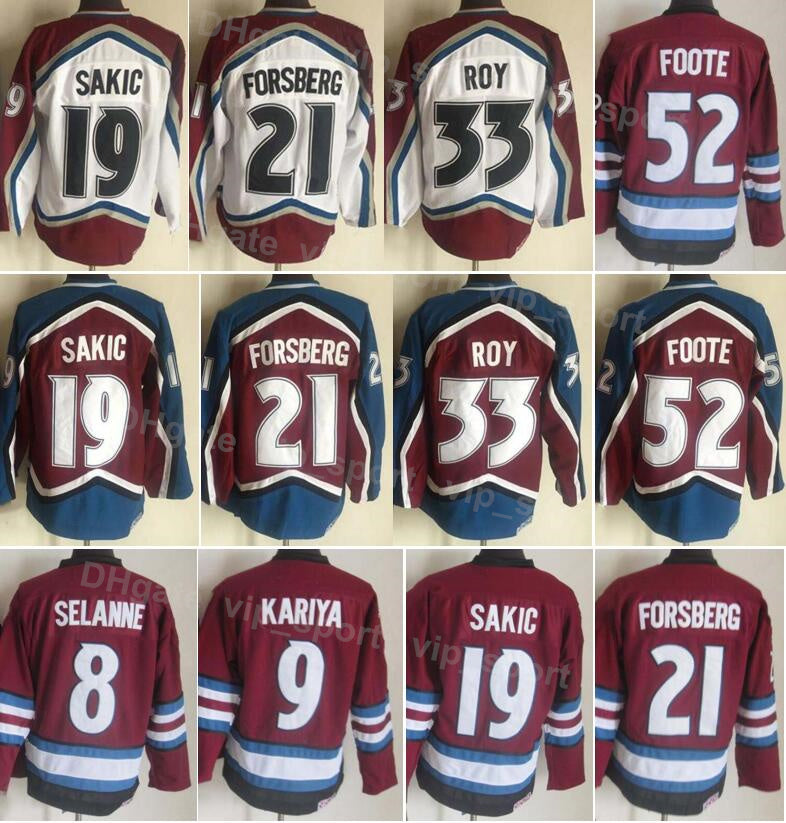 Men Ice Hockey Vintage Retro 21 Peter Forsberg Jerseys 19 Joe Sakic 33 Patrick Roy 8 Teemu Selanne 9 Paul Kariya 52 Adam Foote White Burgundy Maroon