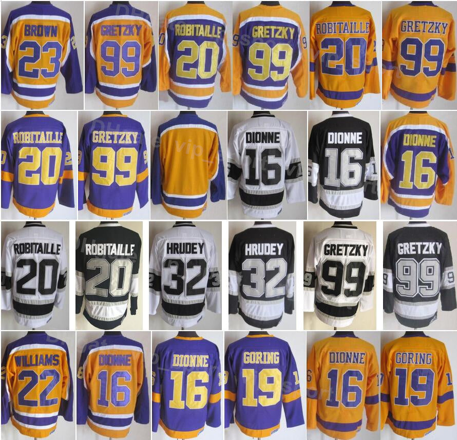 Men Ice Hockey Vintage Retro 20 Luc Robitaille Jersey 32 Kelly Hrudey 23 Dustin Brown 99 Wayne Gretzky 19 Butch Goring All Stitched Black Yellow Pur