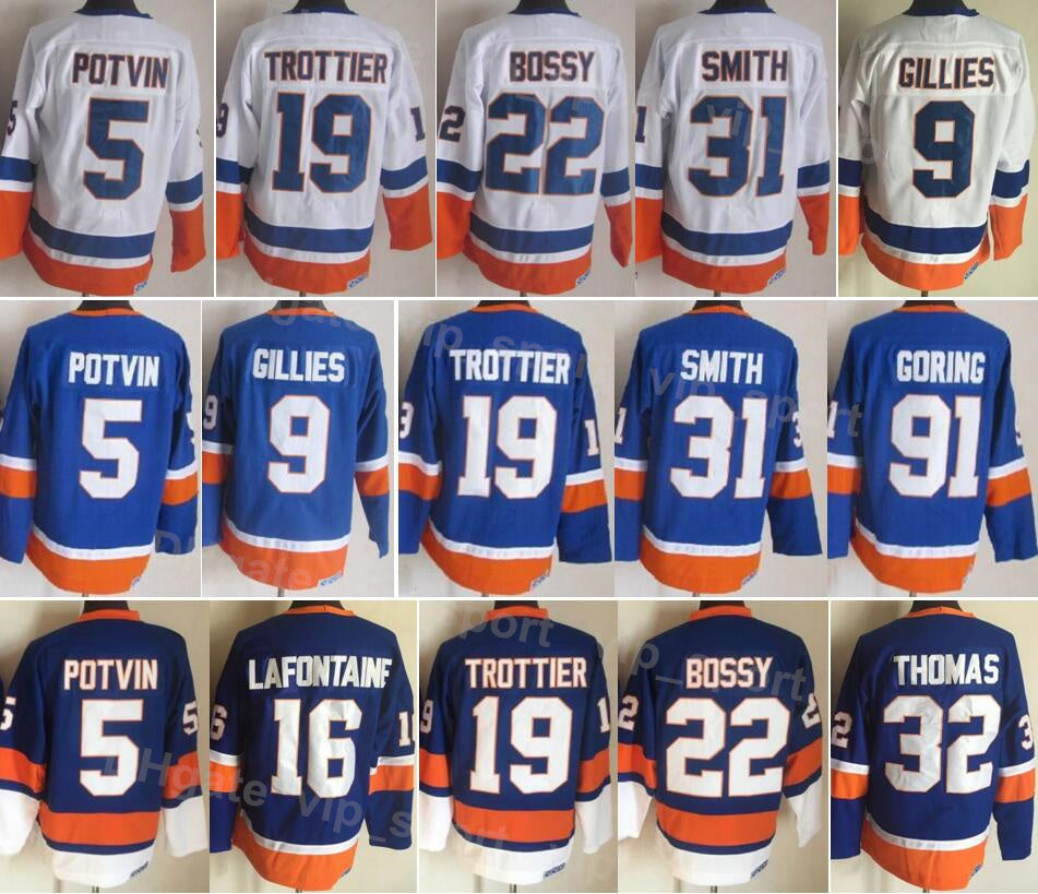 Men Ice Hockey Vintage Retro 19 Bryan Trottier Jersey 31 Billy Smith 32 Steve Thomas John Tavares 91 Butch Goring 22 Mike Bossy 5 Denis Potvin 9 Cla